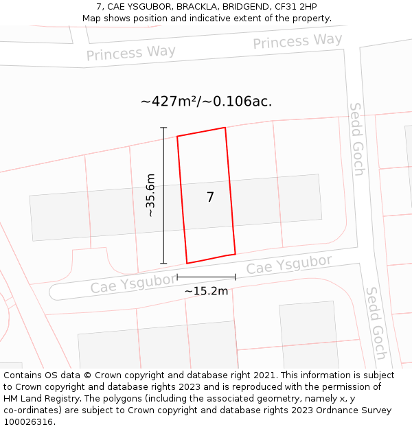 7, CAE YSGUBOR, BRACKLA, BRIDGEND, CF31 2HP: Plot and title map