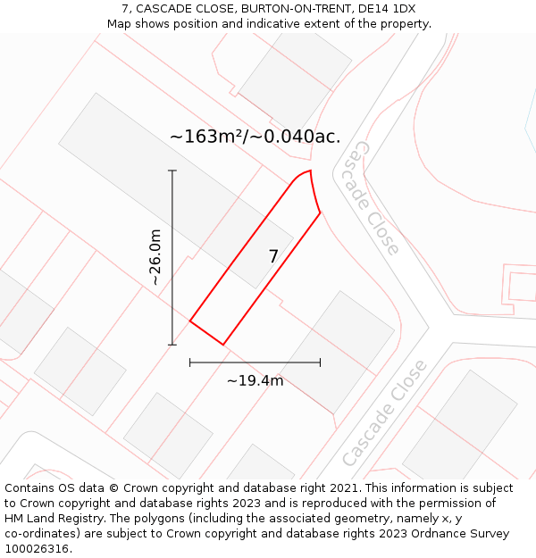 7, CASCADE CLOSE, BURTON-ON-TRENT, DE14 1DX: Plot and title map