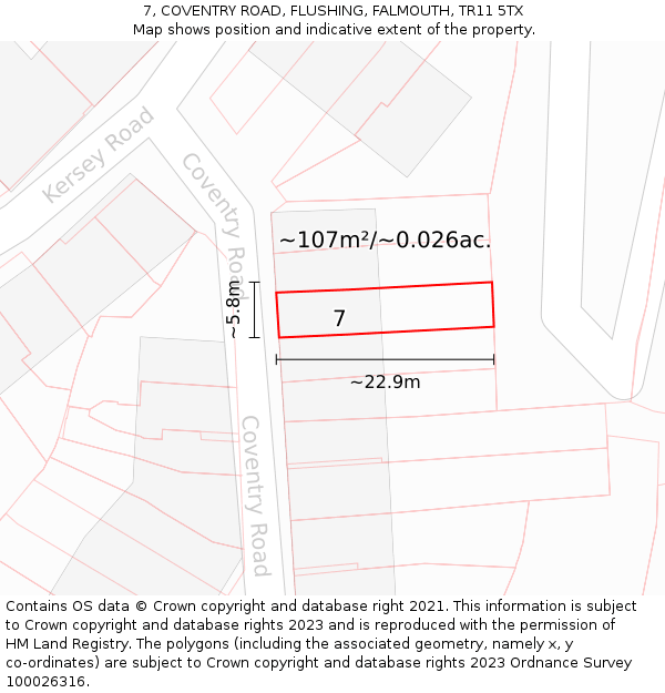 7, COVENTRY ROAD, FLUSHING, FALMOUTH, TR11 5TX: Plot and title map