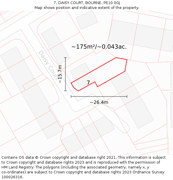 7, DAISY COURT, BOURNE, PE10 0GJ: Plot and title map