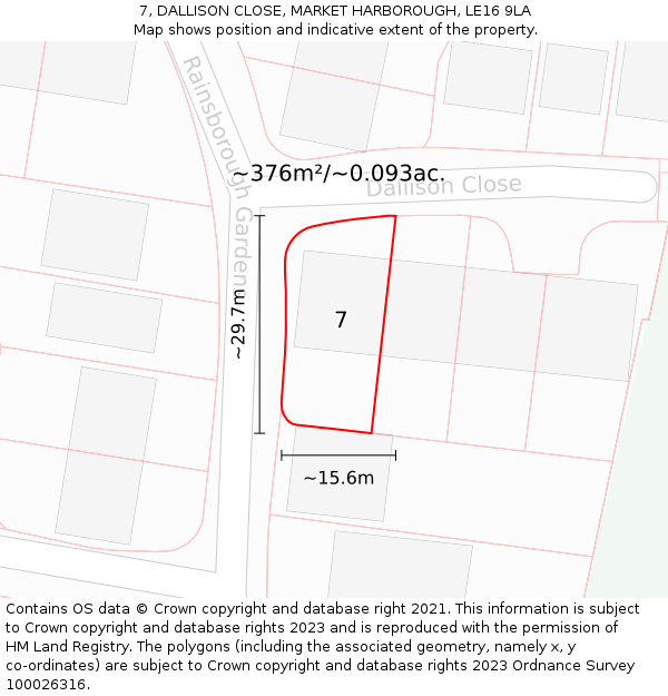 7, DALLISON CLOSE, MARKET HARBOROUGH, LE16 9LA: Plot and title map