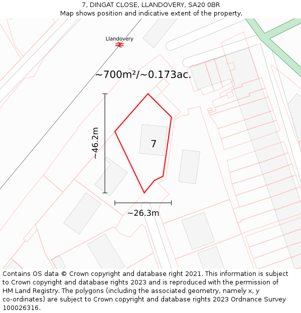 7, DINGAT CLOSE, LLANDOVERY, SA20 0BR: Plot and title map