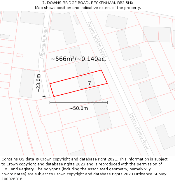 7, DOWNS BRIDGE ROAD, BECKENHAM, BR3 5HX: Plot and title map