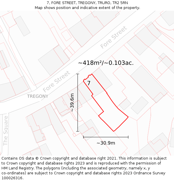 7, FORE STREET, TREGONY, TRURO, TR2 5RN: Plot and title map