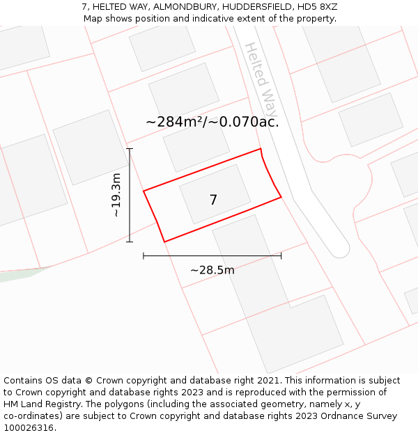 7, HELTED WAY, ALMONDBURY, HUDDERSFIELD, HD5 8XZ: Plot and title map