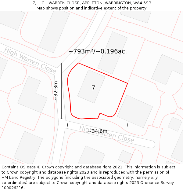 7, HIGH WARREN CLOSE, APPLETON, WARRINGTON, WA4 5SB: Plot and title map