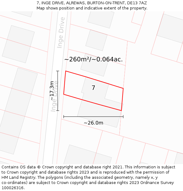 7, INGE DRIVE, ALREWAS, BURTON-ON-TRENT, DE13 7AZ: Plot and title map