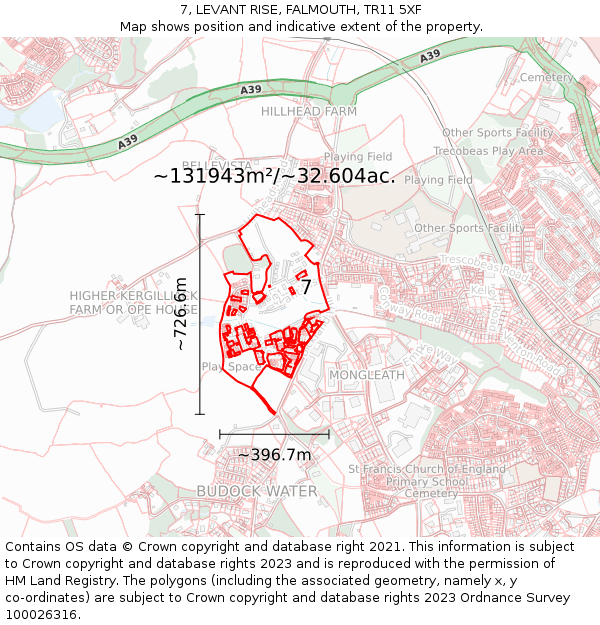 7, LEVANT RISE, FALMOUTH, TR11 5XF: Plot and title map