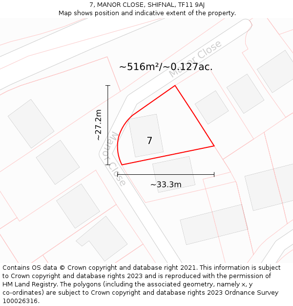 7, MANOR CLOSE, SHIFNAL, TF11 9AJ: Plot and title map