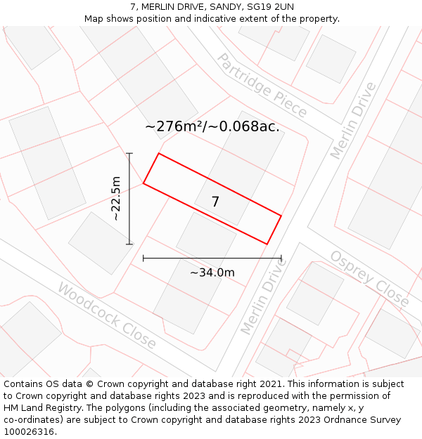 7, MERLIN DRIVE, SANDY, SG19 2UN: Plot and title map