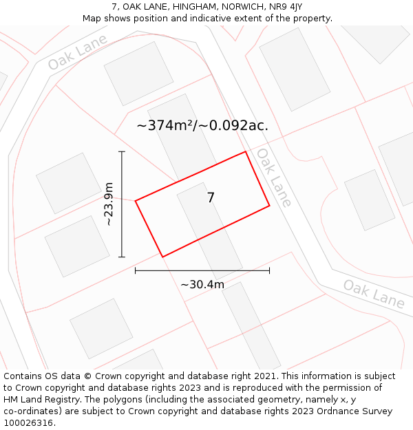 7, OAK LANE, HINGHAM, NORWICH, NR9 4JY: Plot and title map
