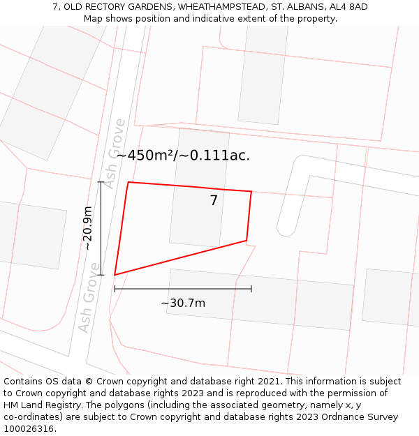 7, OLD RECTORY GARDENS, WHEATHAMPSTEAD, ST ALBANS, AL4 8AD: Plot and title map