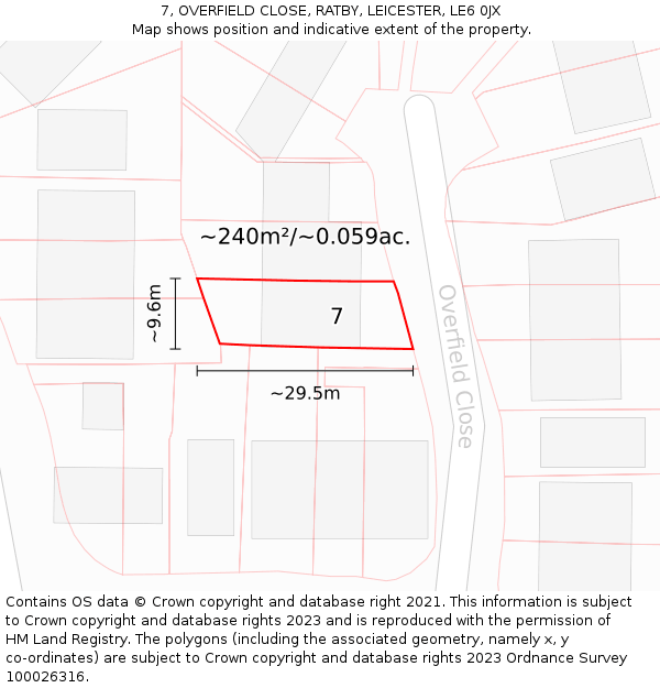 7, OVERFIELD CLOSE, RATBY, LEICESTER, LE6 0JX: Plot and title map
