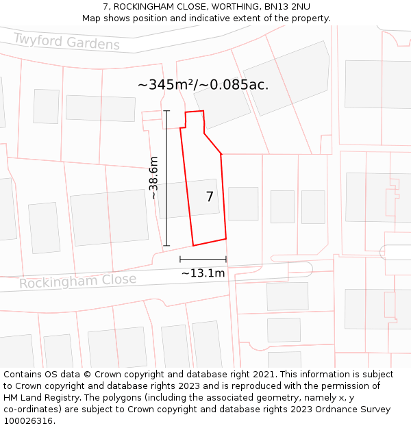 7, ROCKINGHAM CLOSE, WORTHING, BN13 2NU: Plot and title map