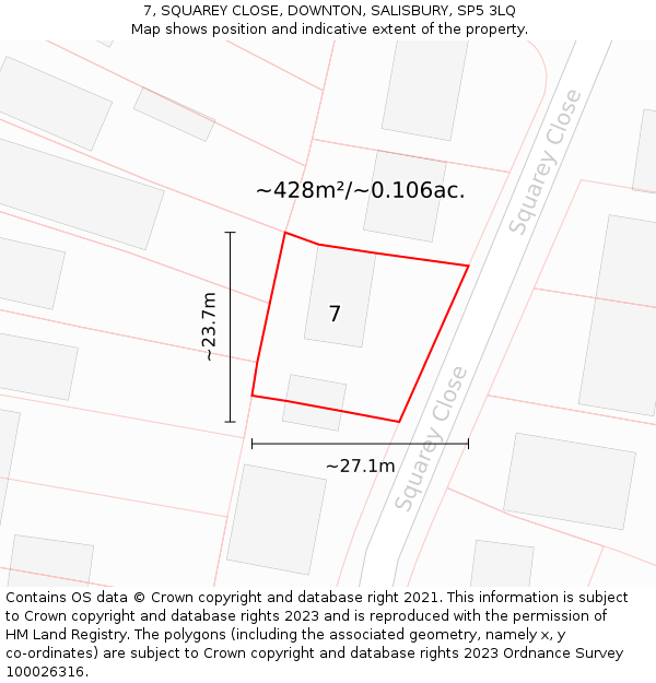 7, SQUAREY CLOSE, DOWNTON, SALISBURY, SP5 3LQ: Plot and title map