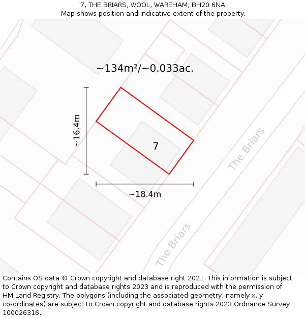 7, THE BRIARS, WOOL, WAREHAM, BH20 6NA: Plot and title map