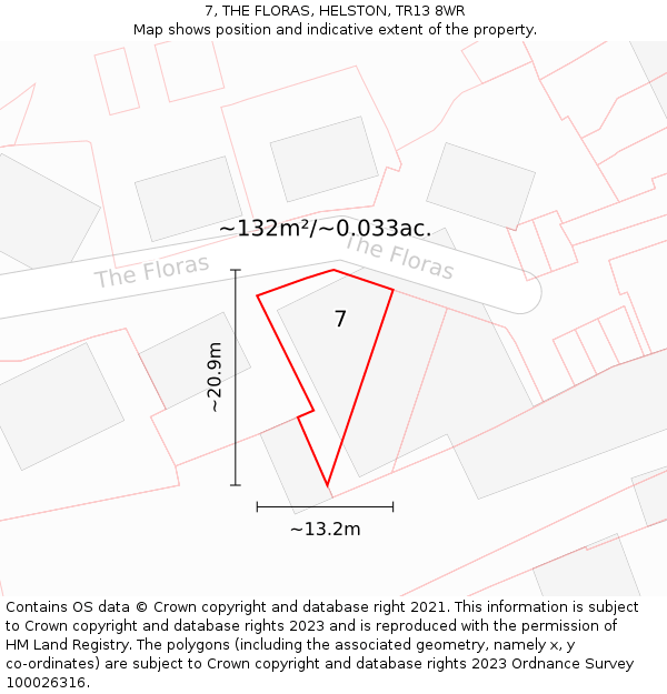 7, THE FLORAS, HELSTON, TR13 8WR: Plot and title map