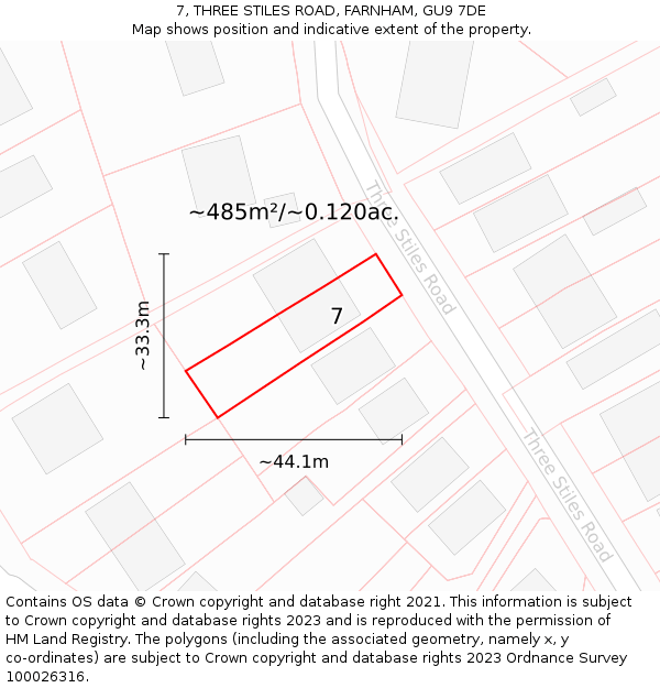 7, THREE STILES ROAD, FARNHAM, GU9 7DE: Plot and title map