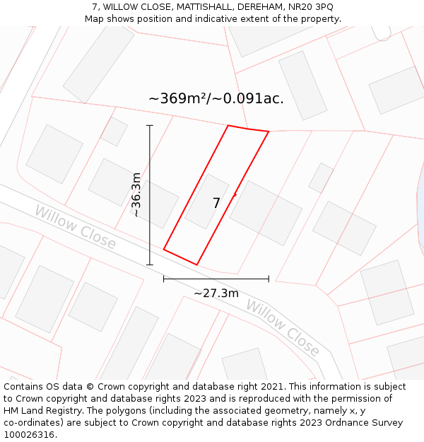 7, WILLOW CLOSE, MATTISHALL, DEREHAM, NR20 3PQ: Plot and title map