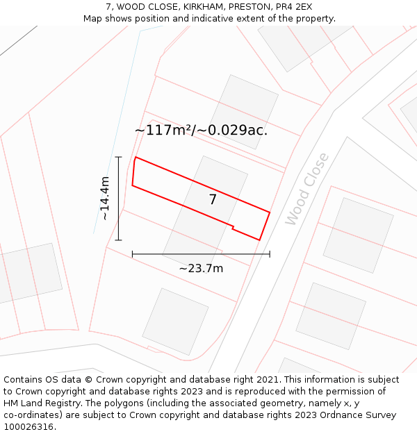7, WOOD CLOSE, KIRKHAM, PRESTON, PR4 2EX: Plot and title map