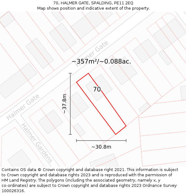 70, HALMER GATE, SPALDING, PE11 2EQ: Plot and title map