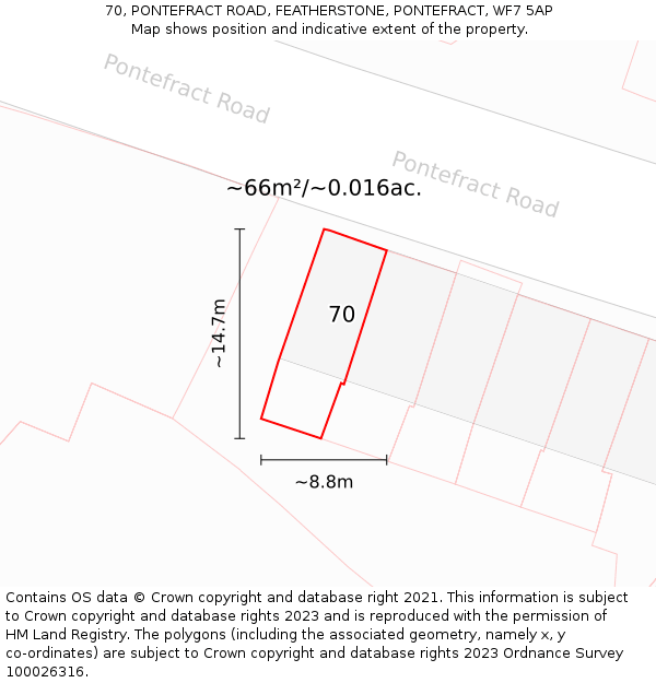 70, PONTEFRACT ROAD, FEATHERSTONE, PONTEFRACT, WF7 5AP: Plot and title map