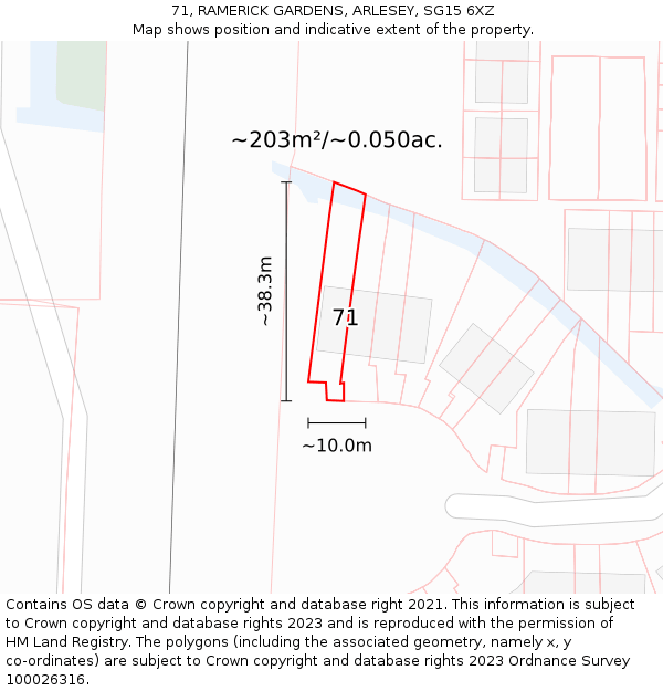 71, RAMERICK GARDENS, ARLESEY, SG15 6XZ: Plot and title map
