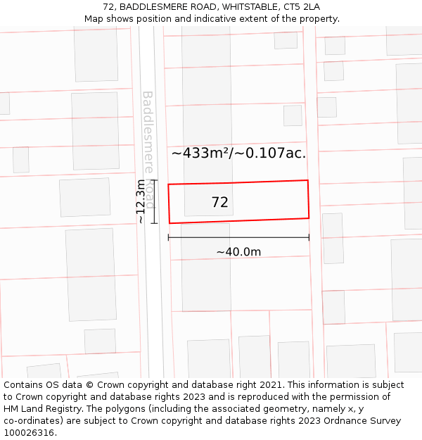 72, BADDLESMERE ROAD, WHITSTABLE, CT5 2LA: Plot and title map