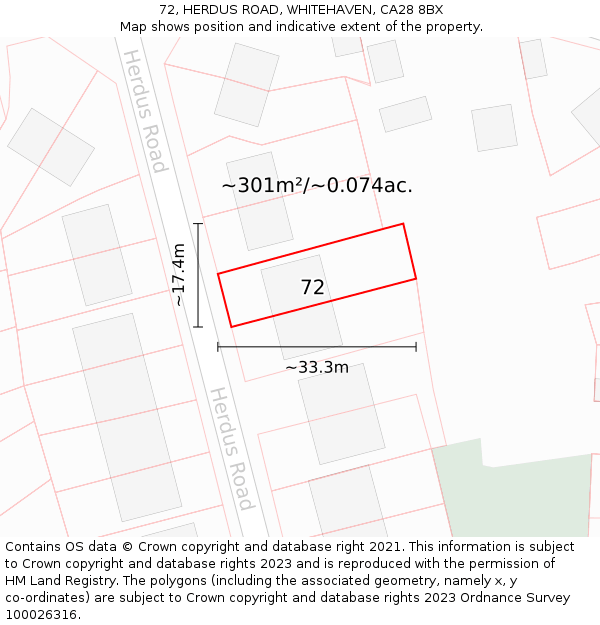 72, HERDUS ROAD, WHITEHAVEN, CA28 8BX: Plot and title map