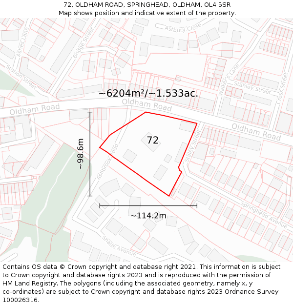 72, OLDHAM ROAD, SPRINGHEAD, OLDHAM, OL4 5SR: Plot and title map
