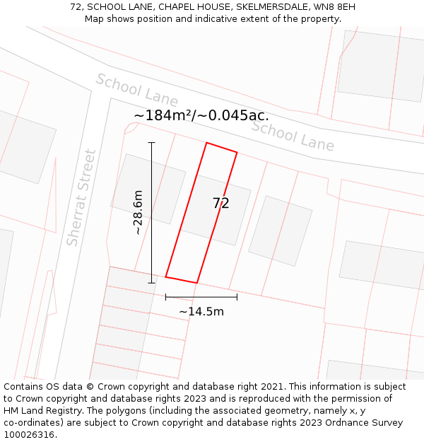 72, SCHOOL LANE, CHAPEL HOUSE, SKELMERSDALE, WN8 8EH: Plot and title map