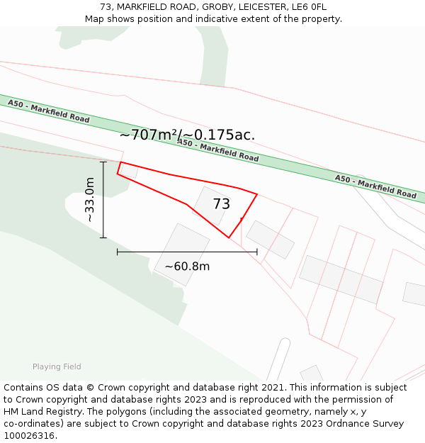 73, MARKFIELD ROAD, GROBY, LEICESTER, LE6 0FL: Plot and title map