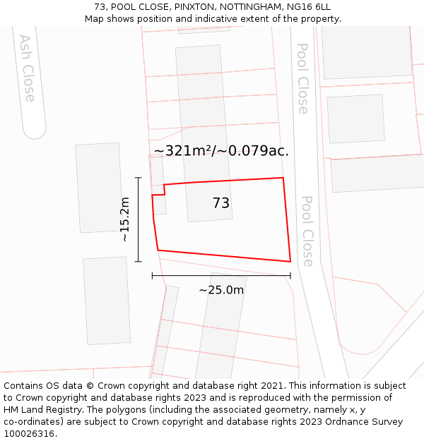 73, POOL CLOSE, PINXTON, NOTTINGHAM, NG16 6LL: Plot and title map