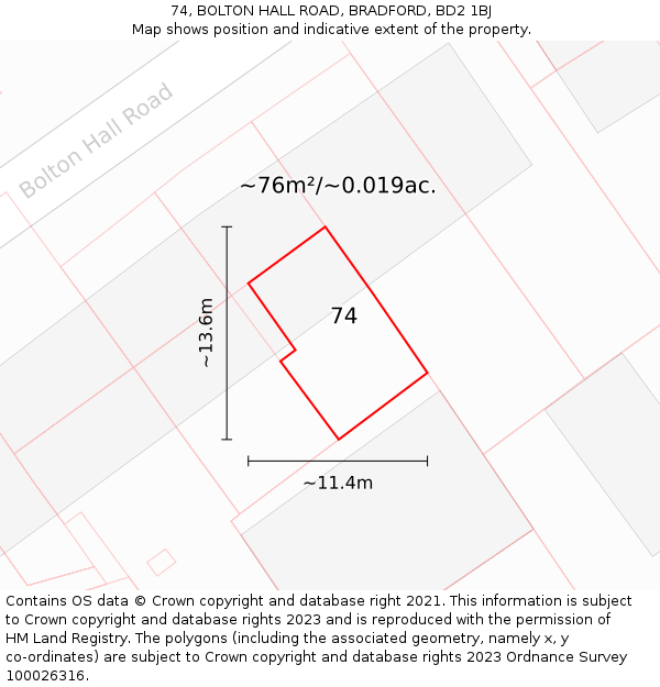 74, BOLTON HALL ROAD, BRADFORD, BD2 1BJ: Plot and title map