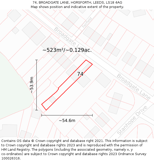 74, BROADGATE LANE, HORSFORTH, LEEDS, LS18 4AG: Plot and title map