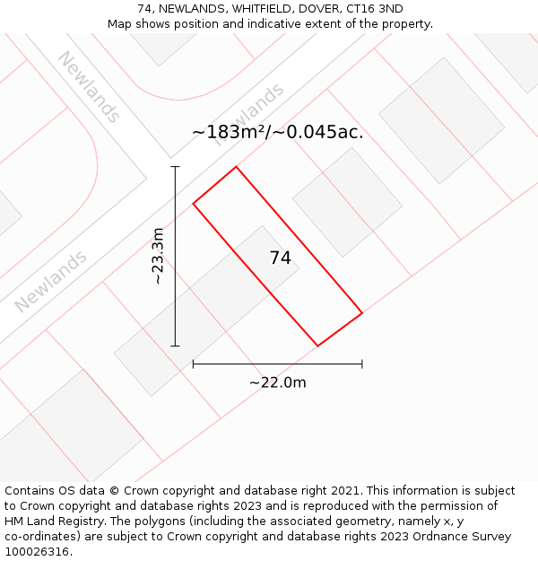 74, NEWLANDS, WHITFIELD, DOVER, CT16 3ND: Plot and title map