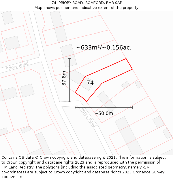 74, PRIORY ROAD, ROMFORD, RM3 9AP: Plot and title map