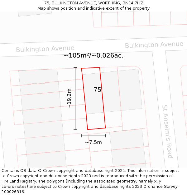 75, BULKINGTON AVENUE, WORTHING, BN14 7HZ: Plot and title map