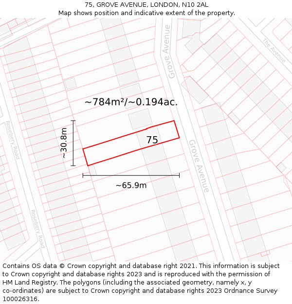 75, GROVE AVENUE, LONDON, N10 2AL: Plot and title map