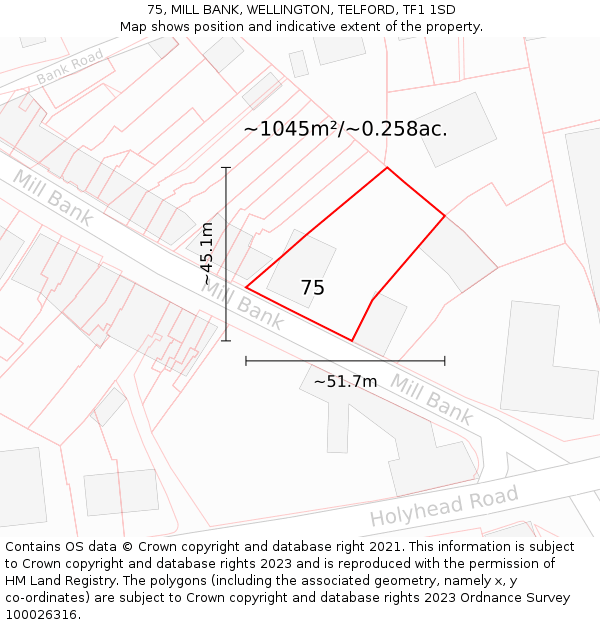 75, MILL BANK, WELLINGTON, TELFORD, TF1 1SD: Plot and title map