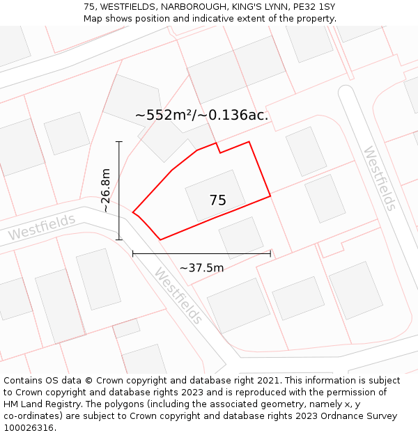 75, WESTFIELDS, NARBOROUGH, KING'S LYNN, PE32 1SY: Plot and title map