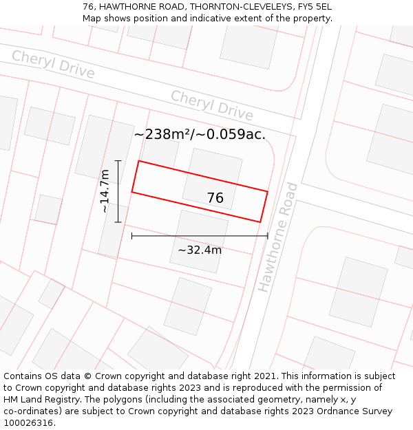 76, HAWTHORNE ROAD, THORNTON-CLEVELEYS, FY5 5EL: Plot and title map