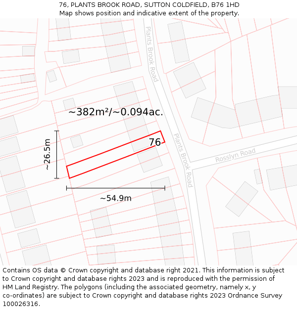 76, PLANTS BROOK ROAD, SUTTON COLDFIELD, B76 1HD: Plot and title map