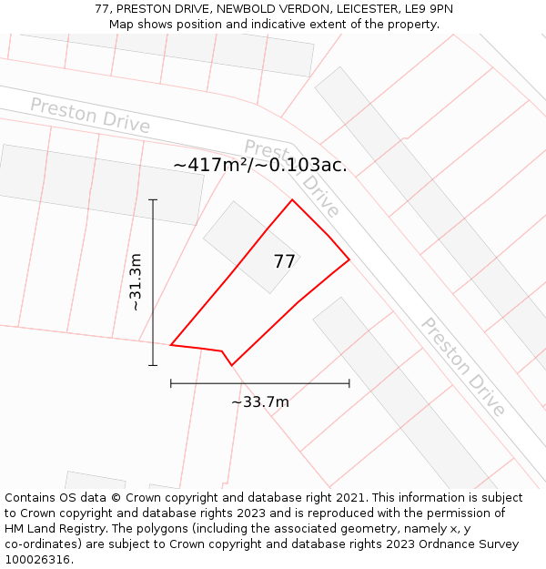 77, PRESTON DRIVE, NEWBOLD VERDON, LEICESTER, LE9 9PN: Plot and title map