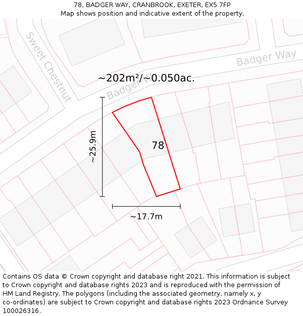 78, BADGER WAY, CRANBROOK, EXETER, EX5 7FP: Plot and title map