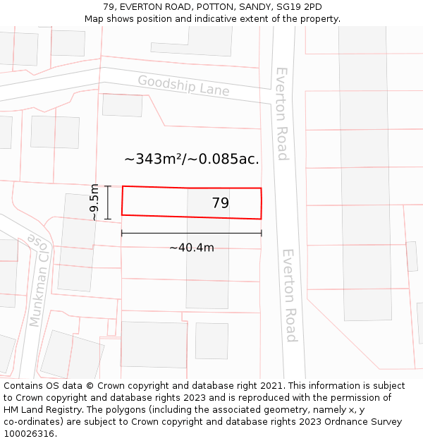 79, EVERTON ROAD, POTTON, SANDY, SG19 2PD: Plot and title map