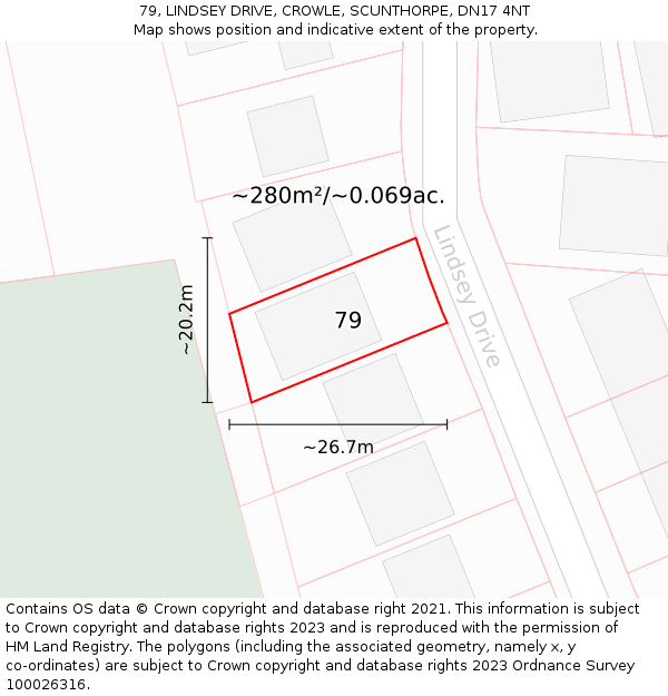 79, LINDSEY DRIVE, CROWLE, SCUNTHORPE, DN17 4NT: Plot and title map