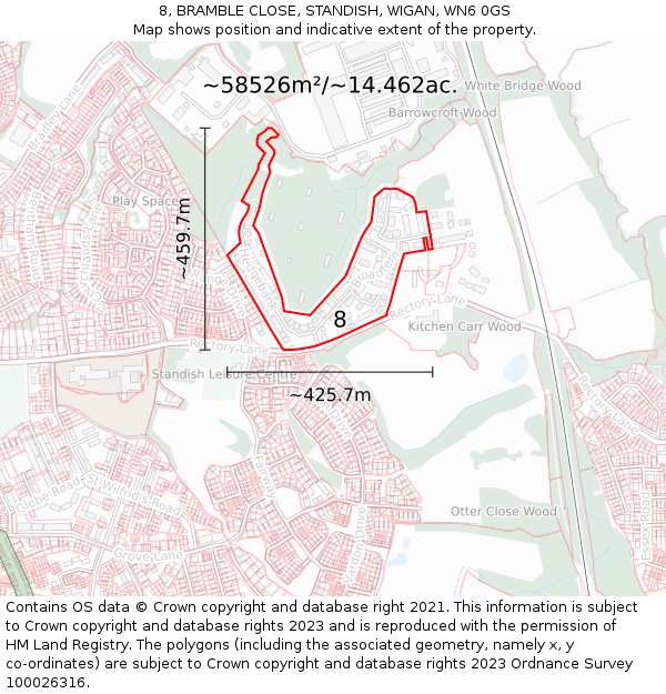 8, BRAMBLE CLOSE, STANDISH, WIGAN, WN6 0GS: Plot and title map