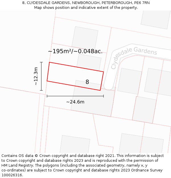 8, CLYDESDALE GARDENS, NEWBOROUGH, PETERBOROUGH, PE6 7RN: Plot and title map