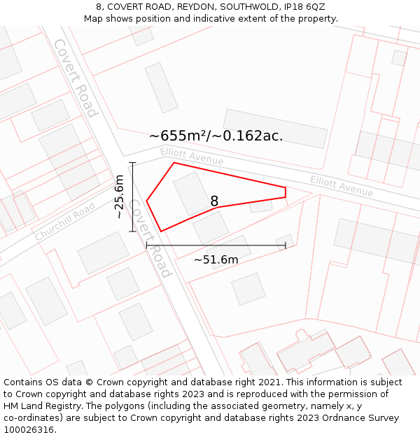 8, COVERT ROAD, REYDON, SOUTHWOLD, IP18 6QZ: Plot and title map